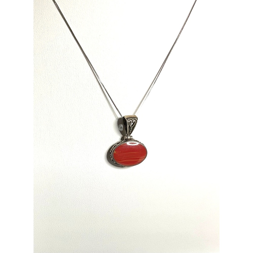 Sterling Silver 925 Carnelian Stone Pendant,Italy Chain Necklace,Filigree Heart
